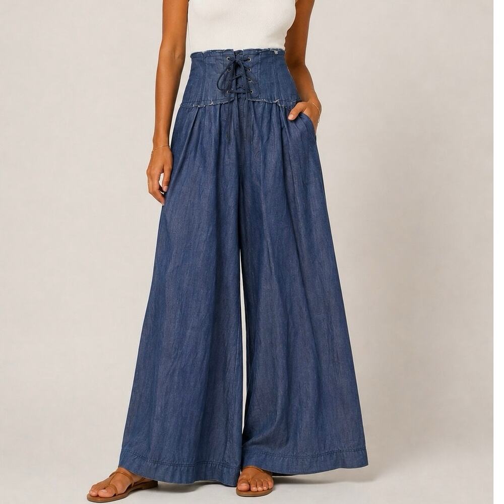 DO+BE Blue Tencel Cotton Wide Leg Palazzo Pants Corset Lace Up High Waist Size S